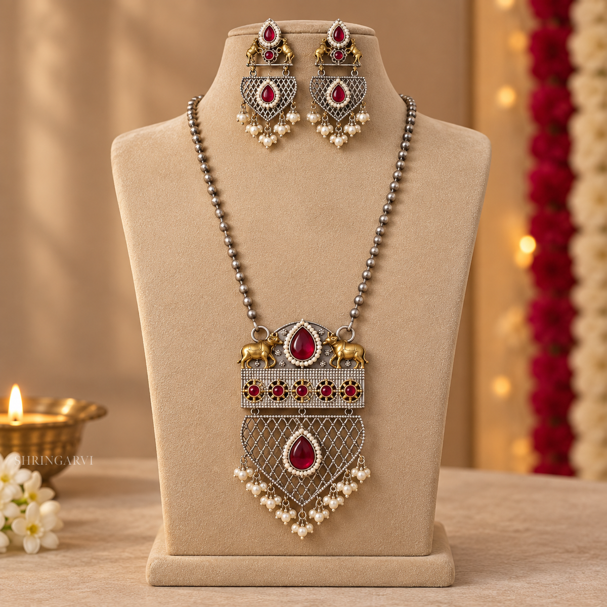 Red Uma Statement Necklace with Earrings