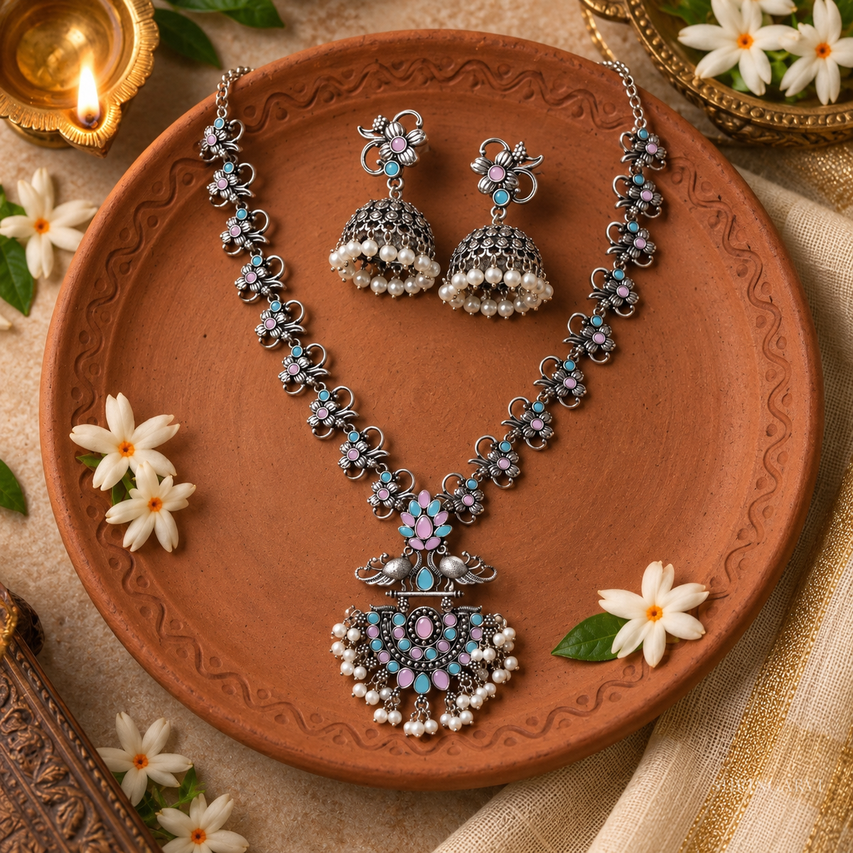 oxidised silver floral necklace set featuring peacock motifs, monalisa stones, pearl detailing, and matching jhumka earrings. 