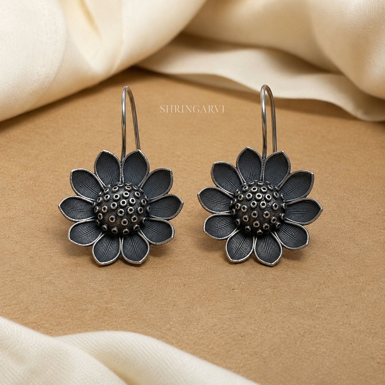Oxidised brass sunflower dangler earrings for women, floral statement earrings for ethnic and daily wear.