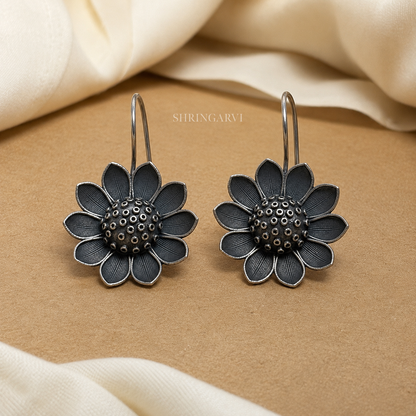 Oxidised brass sunflower dangler earrings for women, floral statement earrings for ethnic and daily wear.