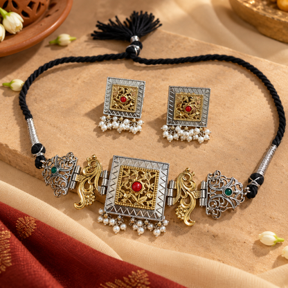Tulsi Dual Tone Choker Set in oxidised brass featuring dual-tone filigree work, red stone detailing, pearl danglers, black dori, and matching square earrings.