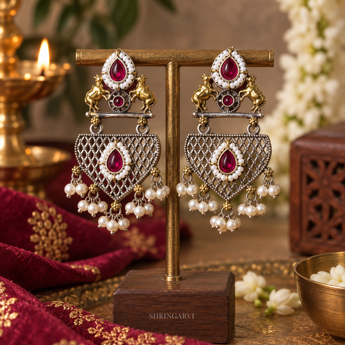 Red Uma Dual Tone Necklace with Earrings