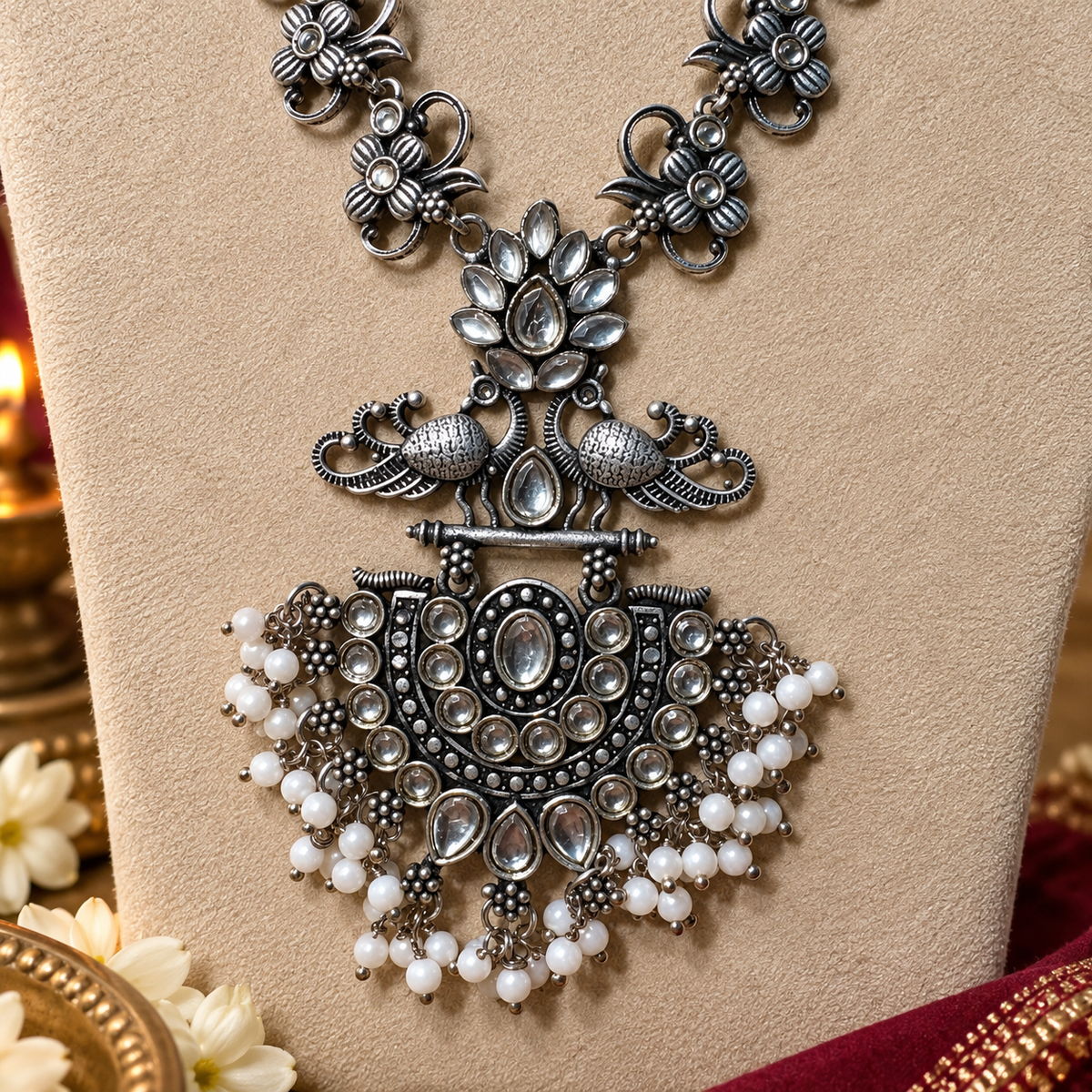 White Kundan Rivaasa Necklace Set with Earrings