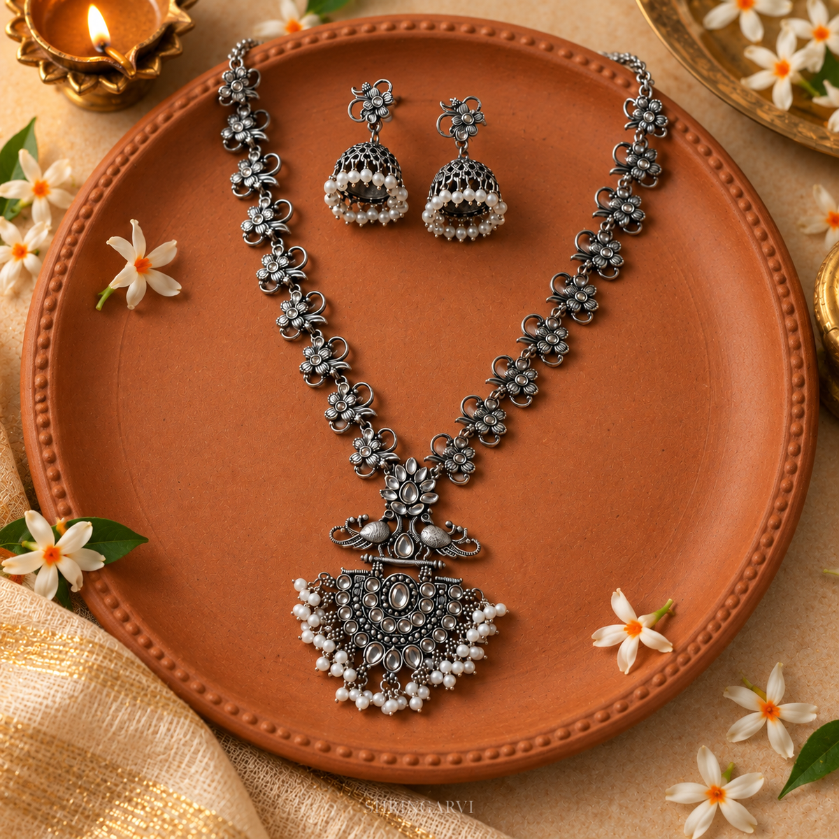 Oxidised silver festive jewellery set with matching jhumka earrings