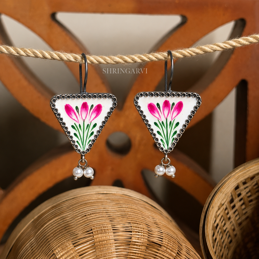 White Handpainted Phulkari Oxidised Brass Floral Danglers with Pearl Drops