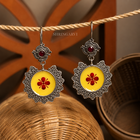 Yellow Floral Handpainted Dangle Earrings in Oxidised Silver with Deep Maroon Stone and Red Flower Motif