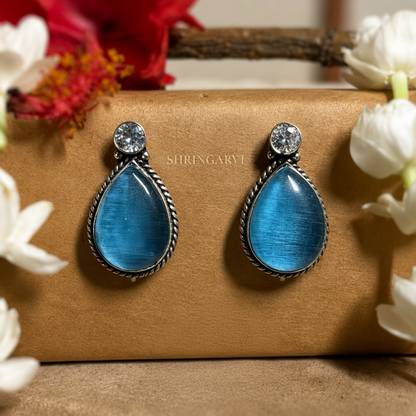 Blue Raindrop Oxidized Brass Stud Earrings with Blue Monalisa Stone and Crystal Top.