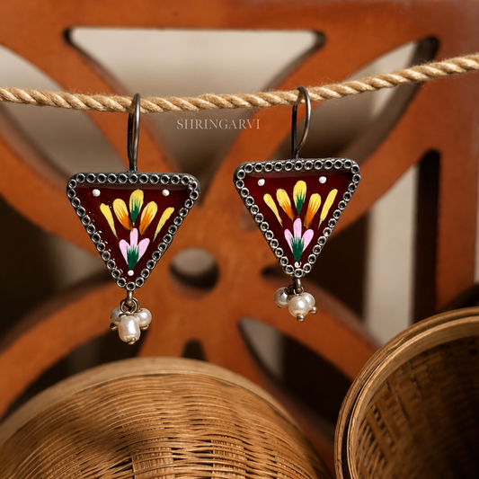 Maroon Handpainted Phulkari Oxidised Brass Floral Danglers with Pearl Drop